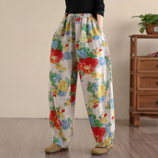 新款复古休闲百搭高定雨露亚麻印花弧形弯刀裤棉麻裤子女长裤子