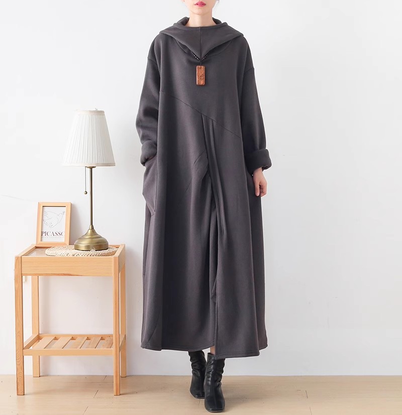 23秋冬季宽松大码连帽针织棉连衣裙蝙蝠袖长打底裙大袍子黑灰过膝