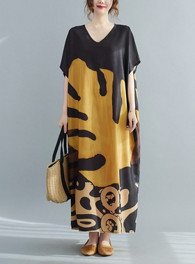 V领文艺复古叶子印花休闲大长裙短袖长袍子过膝胖mm裙子显瘦