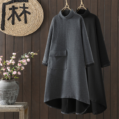 秋冬韩版复古文艺范高领不规则长款打底裙宽松长袖连衣裙纯色微胖