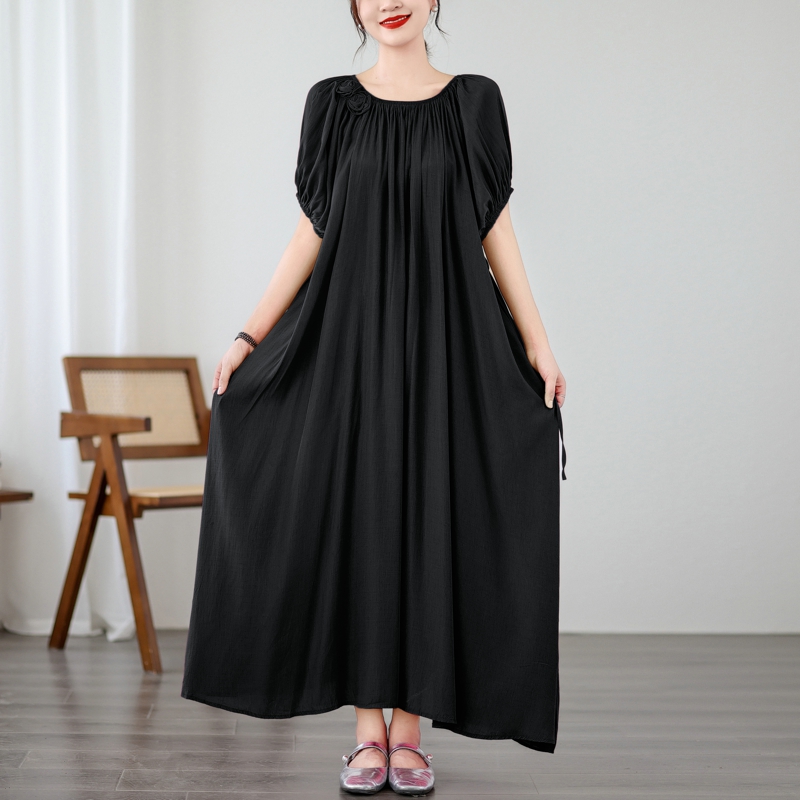 新款宽松显瘦过膝长款连衣裙子 铜氨丝纯色大摆裙高腰长裙有腰带