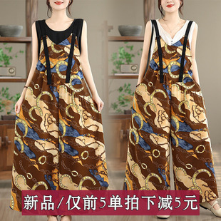 薄款 复古显瘦气质宽松阔腿连体裤 女雪纺夏季 宽松休闲V领背带裤