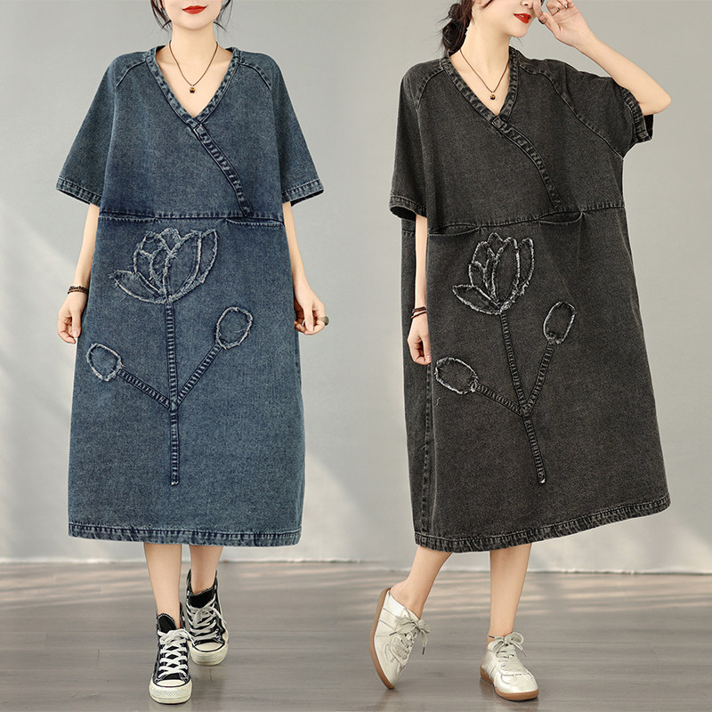 折扣捡漏外贸出口过膝宽松新款休闲宽松大码牛仔贴花连衣裙女