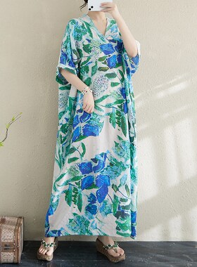 夏季花色度假风旅游V领复古长裙遮肉棉麻连衣裙蝙蝠袖袍子柔软