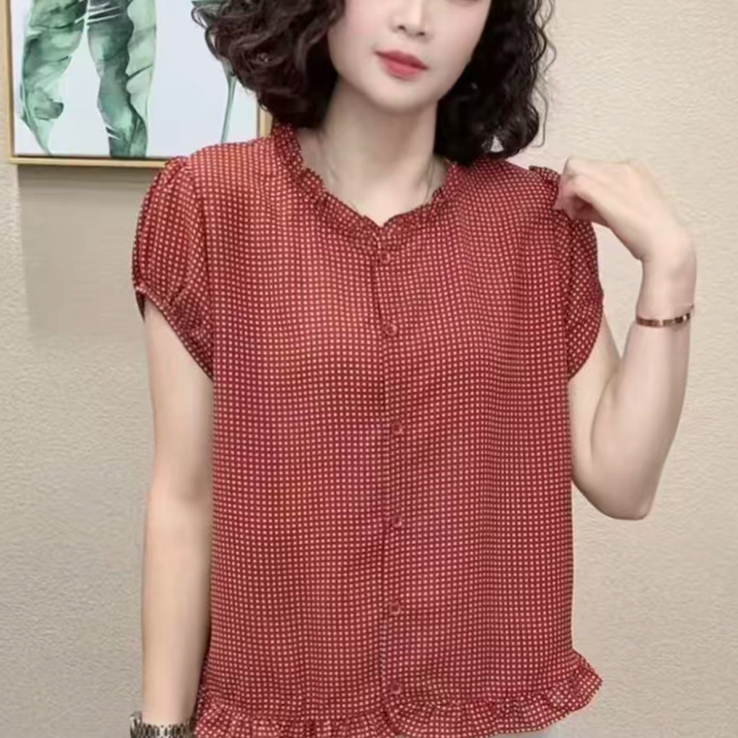 妈妈装夏格子木耳边宽松短袖开衫