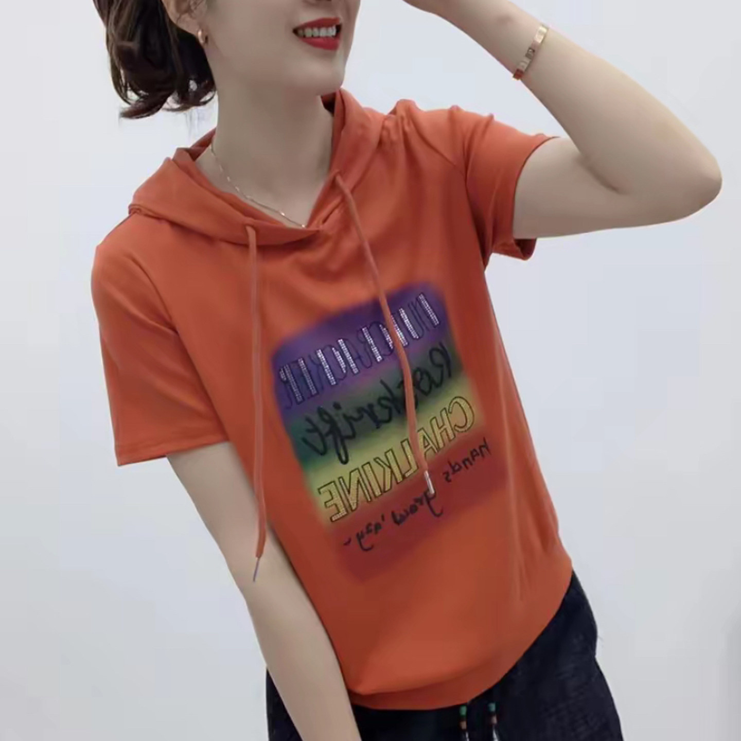 妈妈装夏季连帽抽绳烫钻短袖T恤