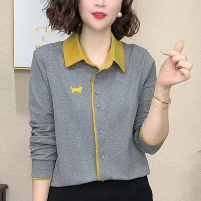 时尚女春撞色衬衫领刺绣长袖小衫