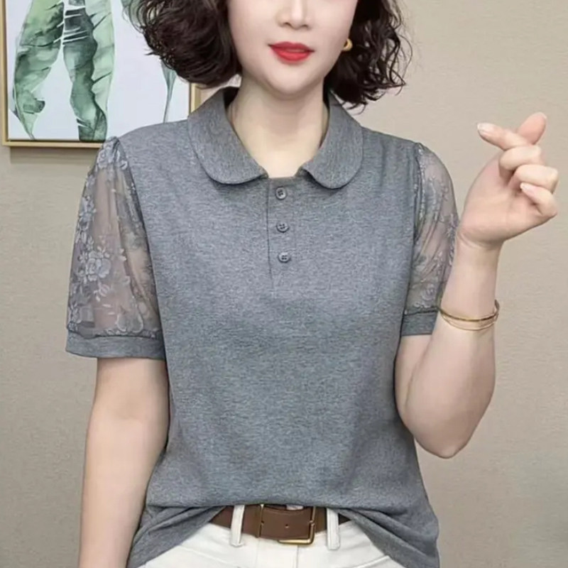 时尚女夏小翻领拼接蕾丝短袖小衫