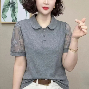 女夏季 妈妈装 时尚 小衫 T恤减龄百搭上衣 小翻领三粒扣拼接蕾丝短袖