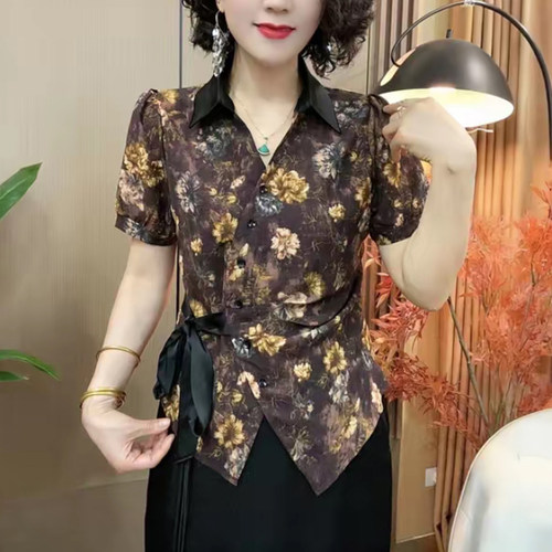 妈妈Polo领斜襟系带印花短袖小衫