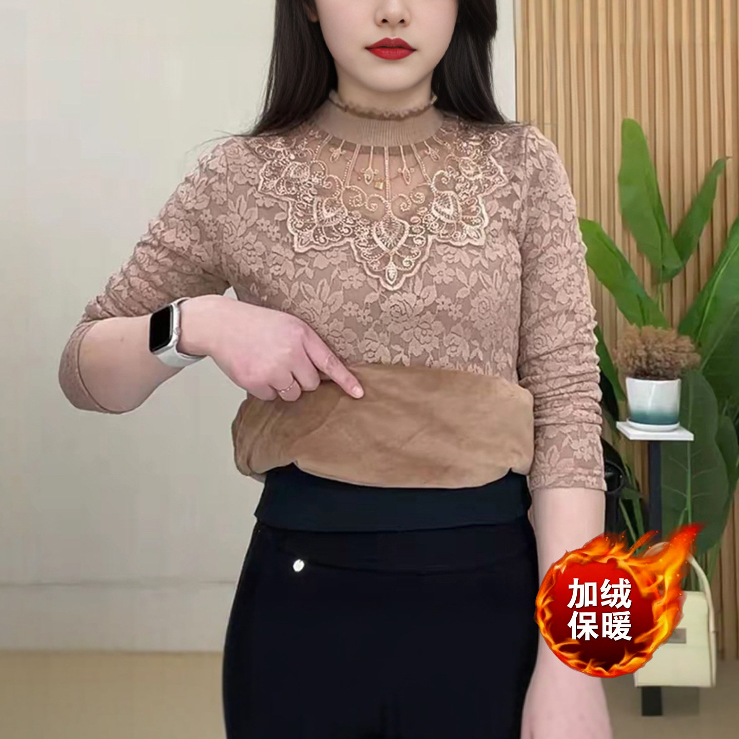 妈妈装半高领蕾丝加绒打底衫时尚女冬季加厚长袖T恤减龄百搭上衣,女装/女士精品,蕾丝衫/雪纺衫,淘宝优惠券,粉丝福利购,淘宝优惠卷