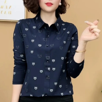 妈妈装秋季长袖小翻领印花打底衫