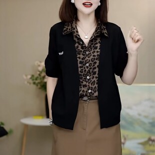 妈妈装衬衫领豹纹拼接假两件小衫时尚女秋季长袖T恤百搭显瘦上衣