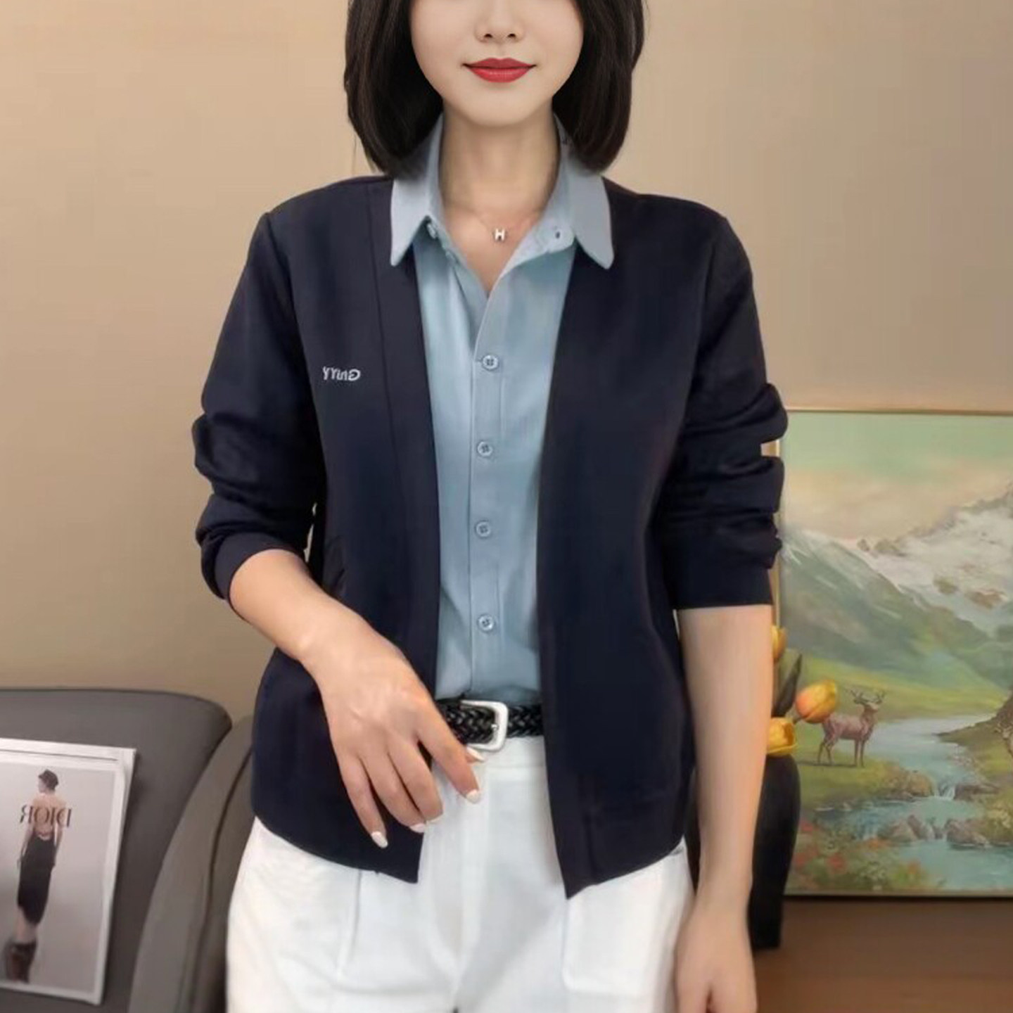 妈妈装拼色假两件衬衫领长袖T恤