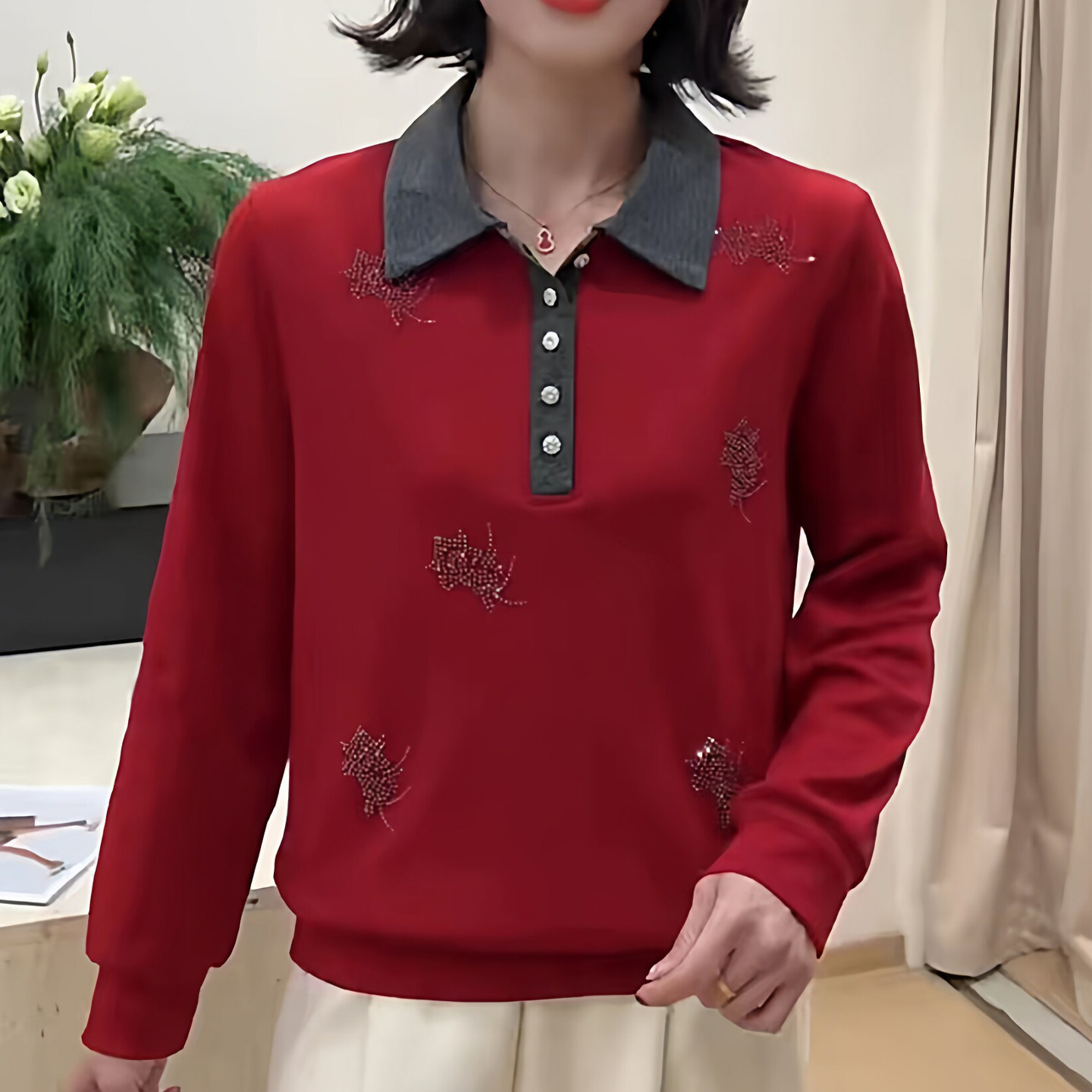 妈妈装镶色Polo领玫瑰烫钻打底衫时尚女春季长袖T恤减龄百搭上衣