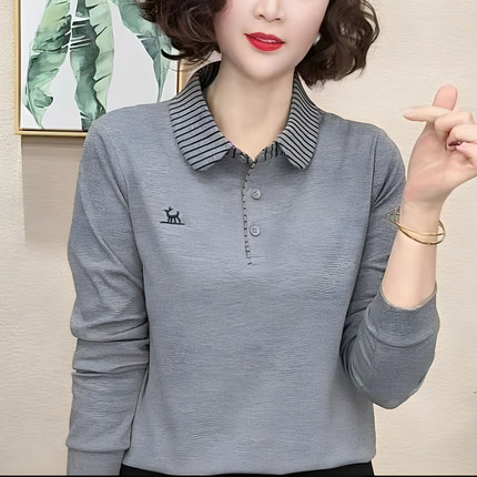 妈妈装镶色条纹POLO领刺绣打底衫时尚女春季长袖T恤减龄百搭衬衣