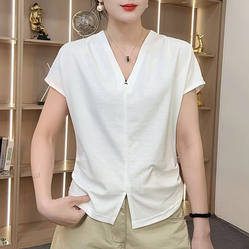 妈妈装夏季V领短袖宽松休闲小衫