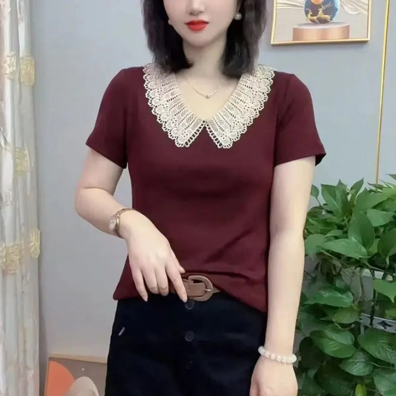 时尚女夏钩花娃娃领纯色短袖小衫