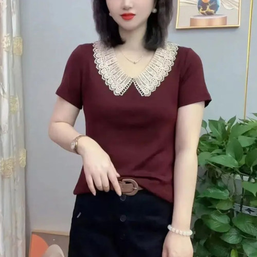 时尚女夏钩花娃娃领纯色短袖小衫