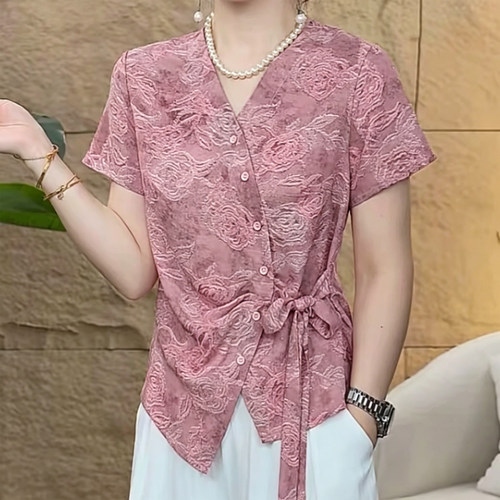 妈妈装夏V领玫瑰印花系带显瘦T恤