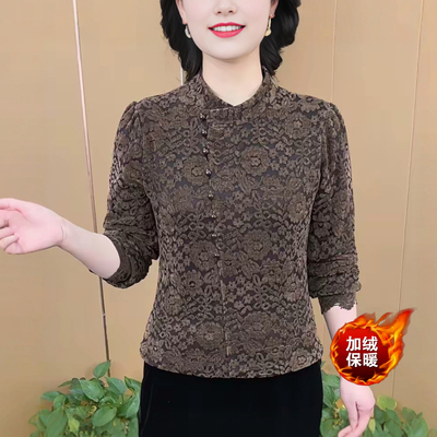 妈妈装冬季立领蕾丝加绒女打底衫