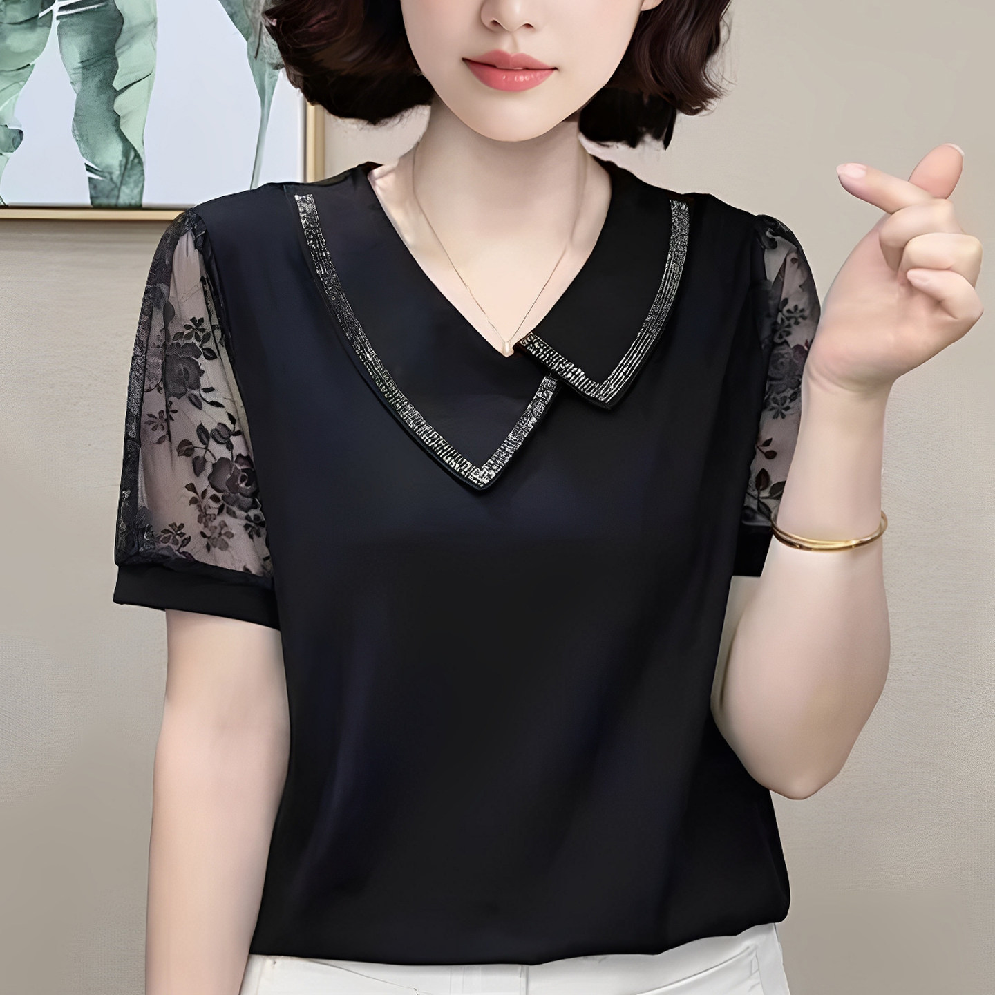 时尚女夏娃娃领拼接蕾丝短袖小衫