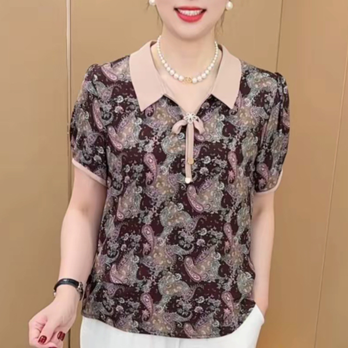 妈妈装镶色翻领前系带腰果花T恤