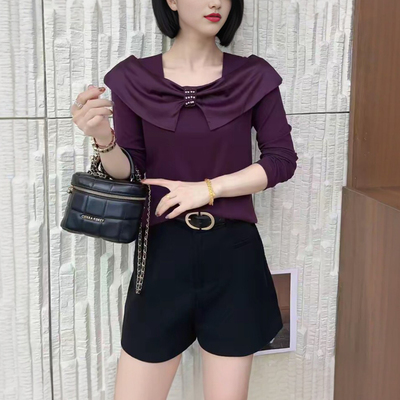 妈妈春季一字领通勤显瘦长袖T恤