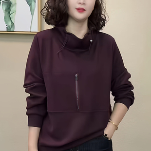 女洋气T恤打底衫 妈妈装 卫衣时尚 花苞领抽绳纯色长袖 气质上衣 秋季