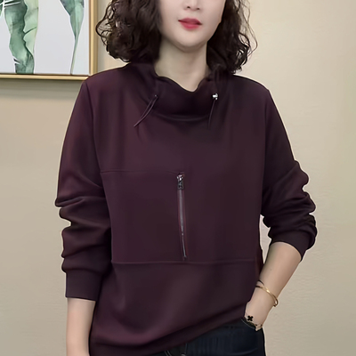 妈妈装秋花苞领抽绳纯色长袖卫衣