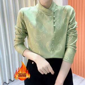 妈妈装立领斜门襟加绒打底衫时尚女装秋冬长袖T恤保暖百搭女上衣