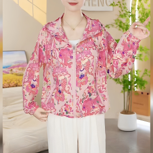 妈妈装夏季连帽薄款印花长袖拉链衫宽松防晒服时尚女减龄休闲外套