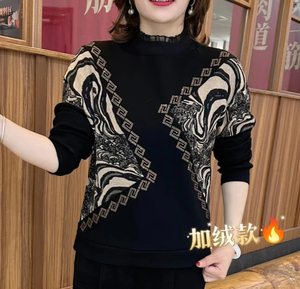 妈妈装半高领拼色烫钻加绒打底衫时尚女装去掉T恤加厚百搭女上衣