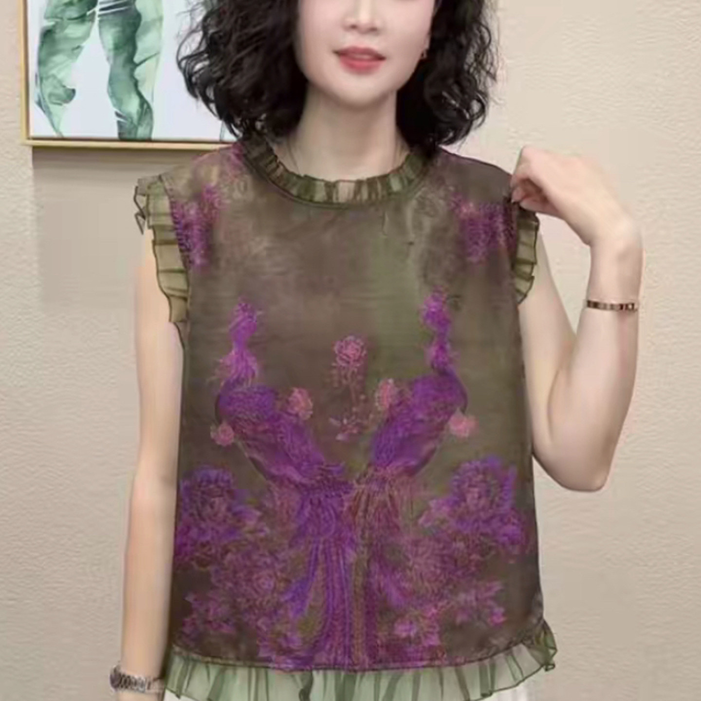 妈妈装夏季无袖木耳边后开襟T恤
