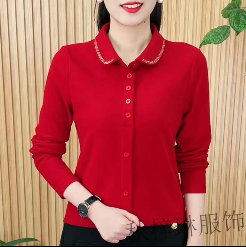 妈妈长袖烫钻双面绒小翻领打底衫
