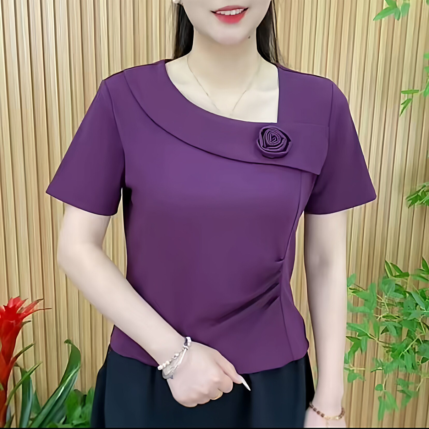 妈妈装春夏斜领花朵短袖显瘦T恤