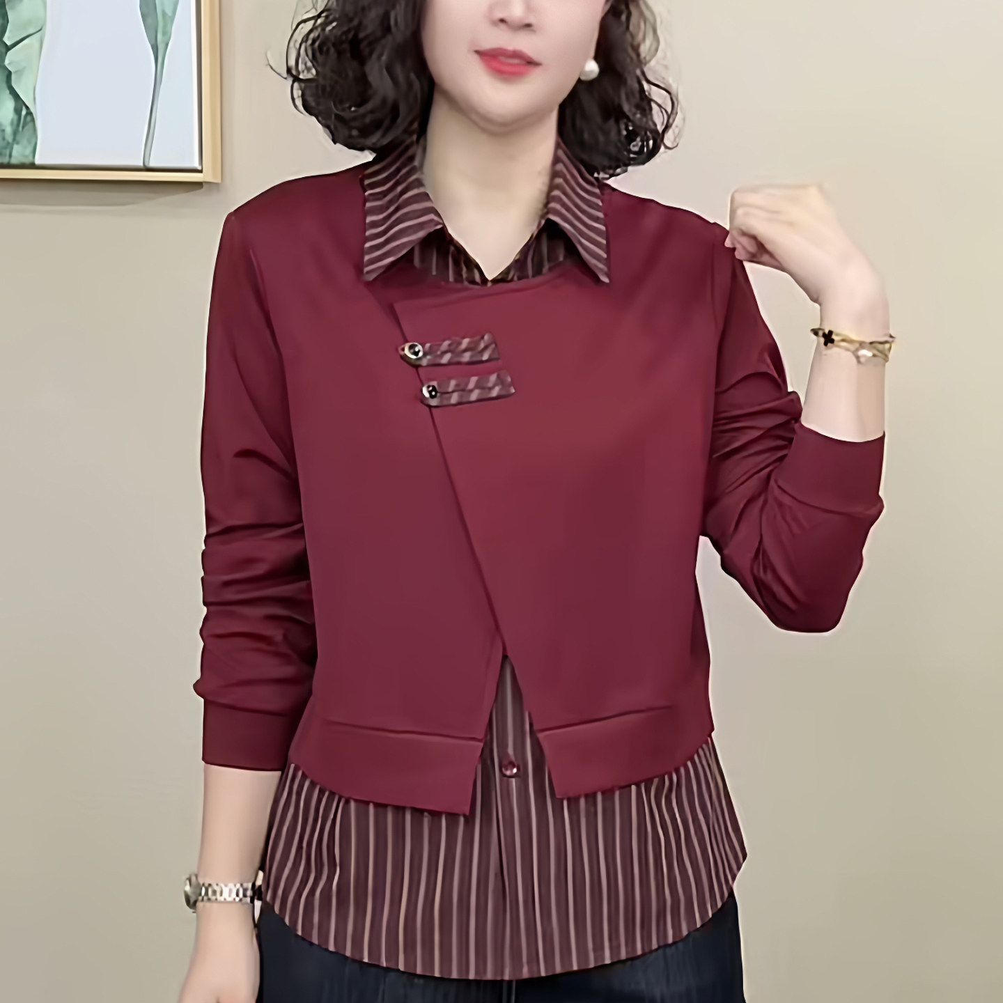 妈妈装秋季衬衫领竖条纹假两件长袖衬衫时尚女洋气T恤百搭女上衣