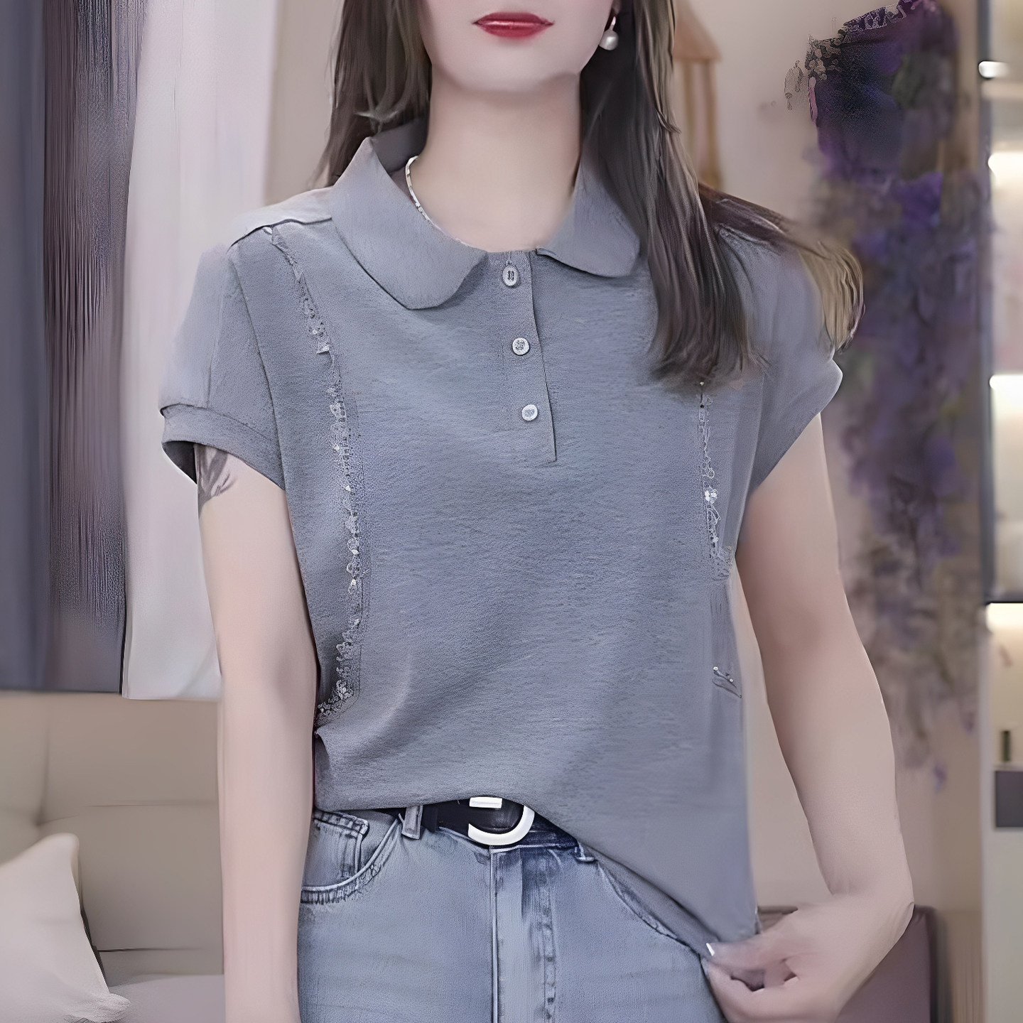 时尚女夏Polo领花边烫钻短袖上衣