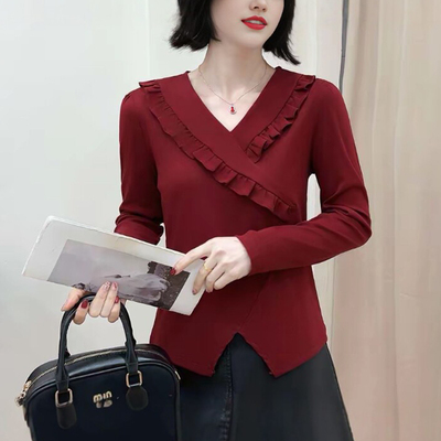 妈妈装春季V领木耳边显瘦长袖T恤