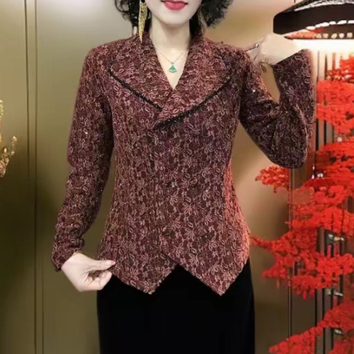 妈妈装春季双排扣植绒蕾丝气质百搭西装领长袖显瘦开衫女上衣外套