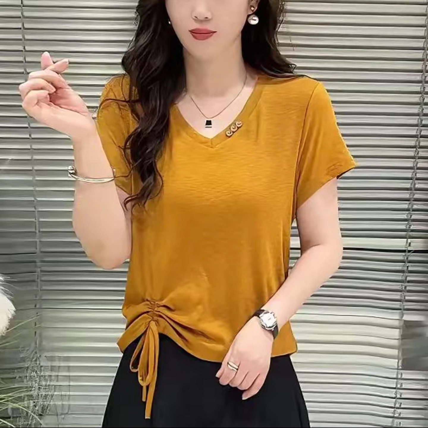 妈妈装夏季V领抽绳短袖休闲女T恤