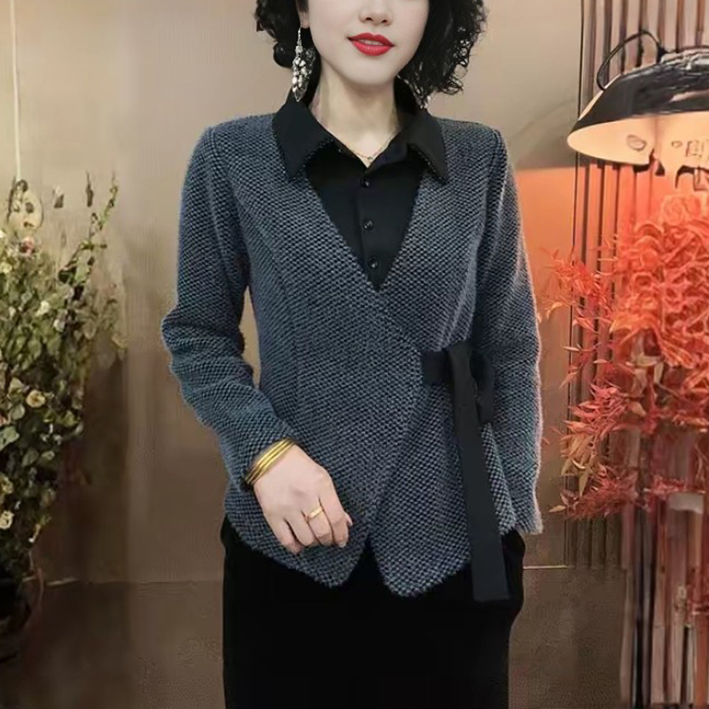妈妈秋冬衬衫领拼接假两件打底衫