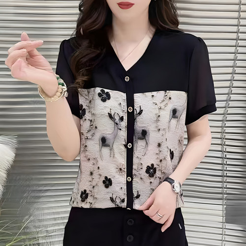 时尚女夏V领单排扣拼接雪纺小衫