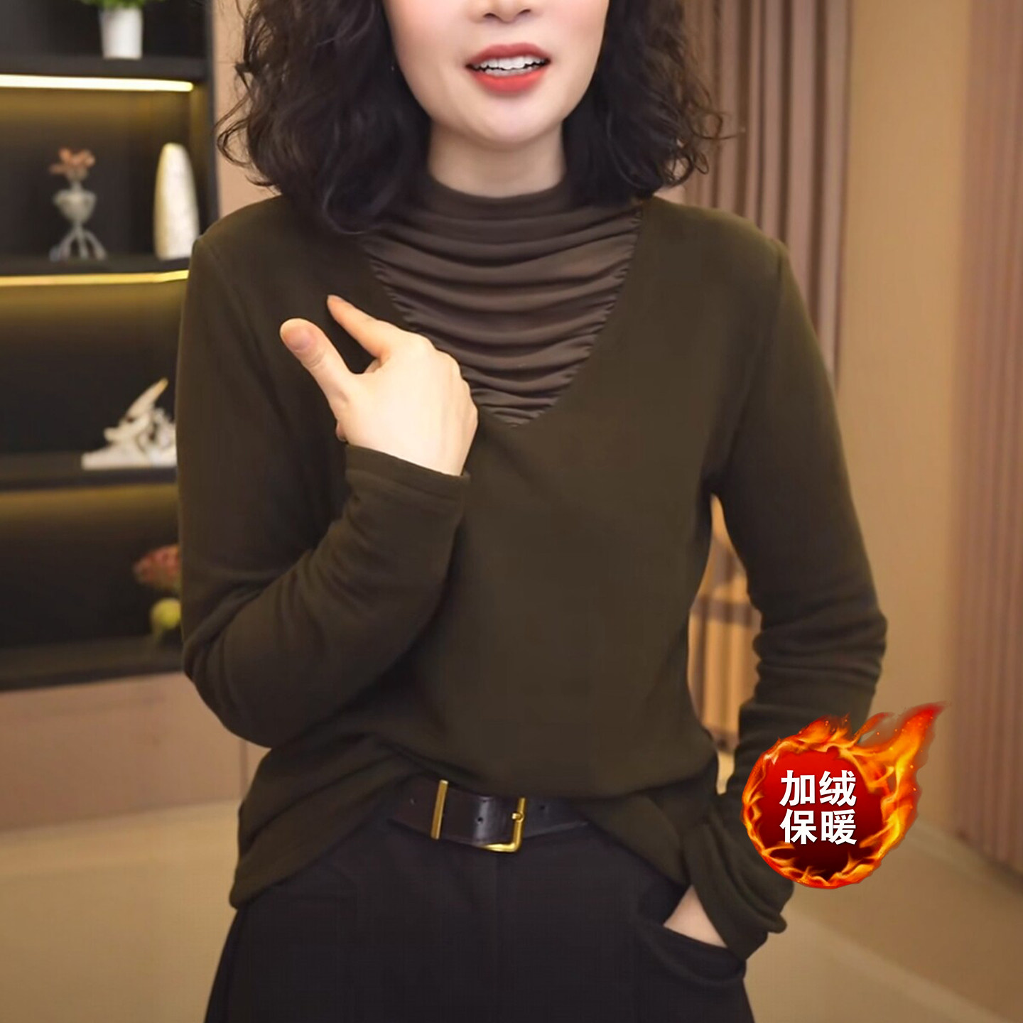 妈妈装网纱拼接半高领加绒打底衫
