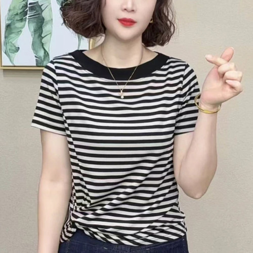 时尚女夏季一字领前扭结短袖小衫