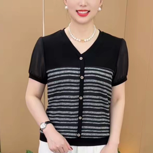 妈妈装V领单排扣拼接雪纺条纹短袖小衫时尚女夏季T恤减龄百搭上衣