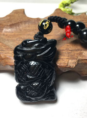 天然黑曜石手工精雕立体开运吊坠