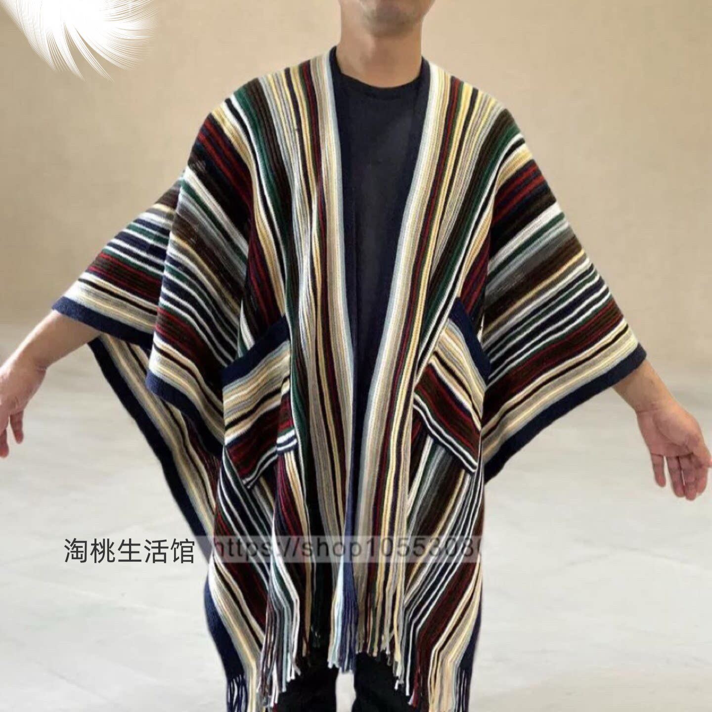 男女可用保暖亚风披肩围巾秋冬条纹口袋斗篷旅行婚纱可用拍摄外搭