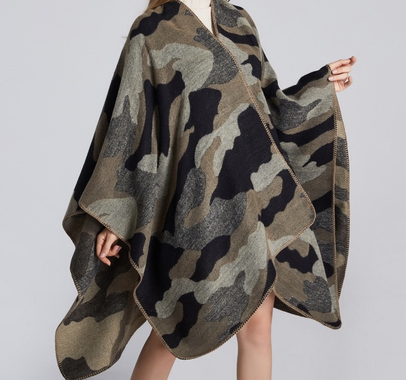 迷彩渐变时尚长方形男女斗篷外套欧美仿羊绒开叉户外加长加厚披肩