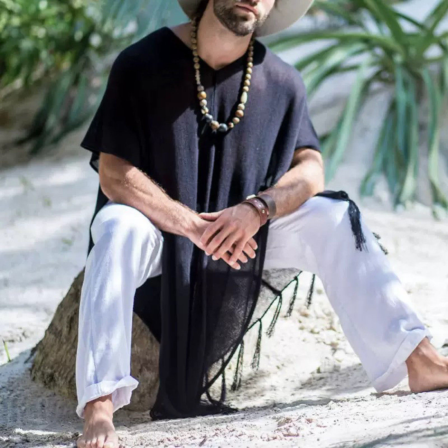 Mens T-shirt 男士设计感流苏边沙滩衣 欧美外贸套头罩衫风衣男